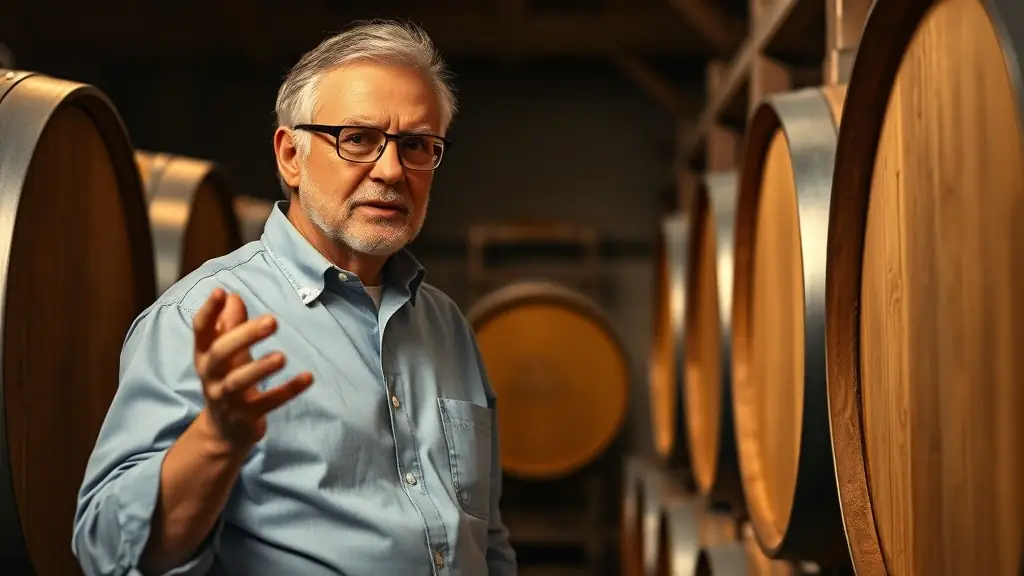 A cellar master explaining the aging process of wine in oak barrels.