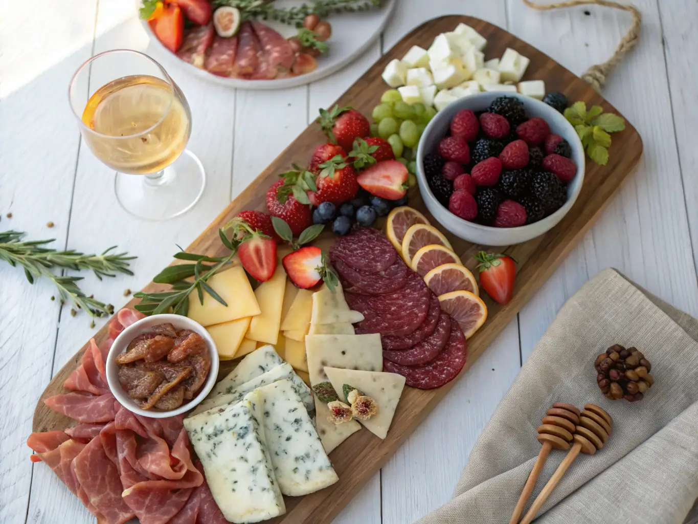 A beautifully arranged charcuterie board with various cheeses, meats, and a glass of red wine, symbolizing the exclusive culinary experiences offered to Catar Culture members.