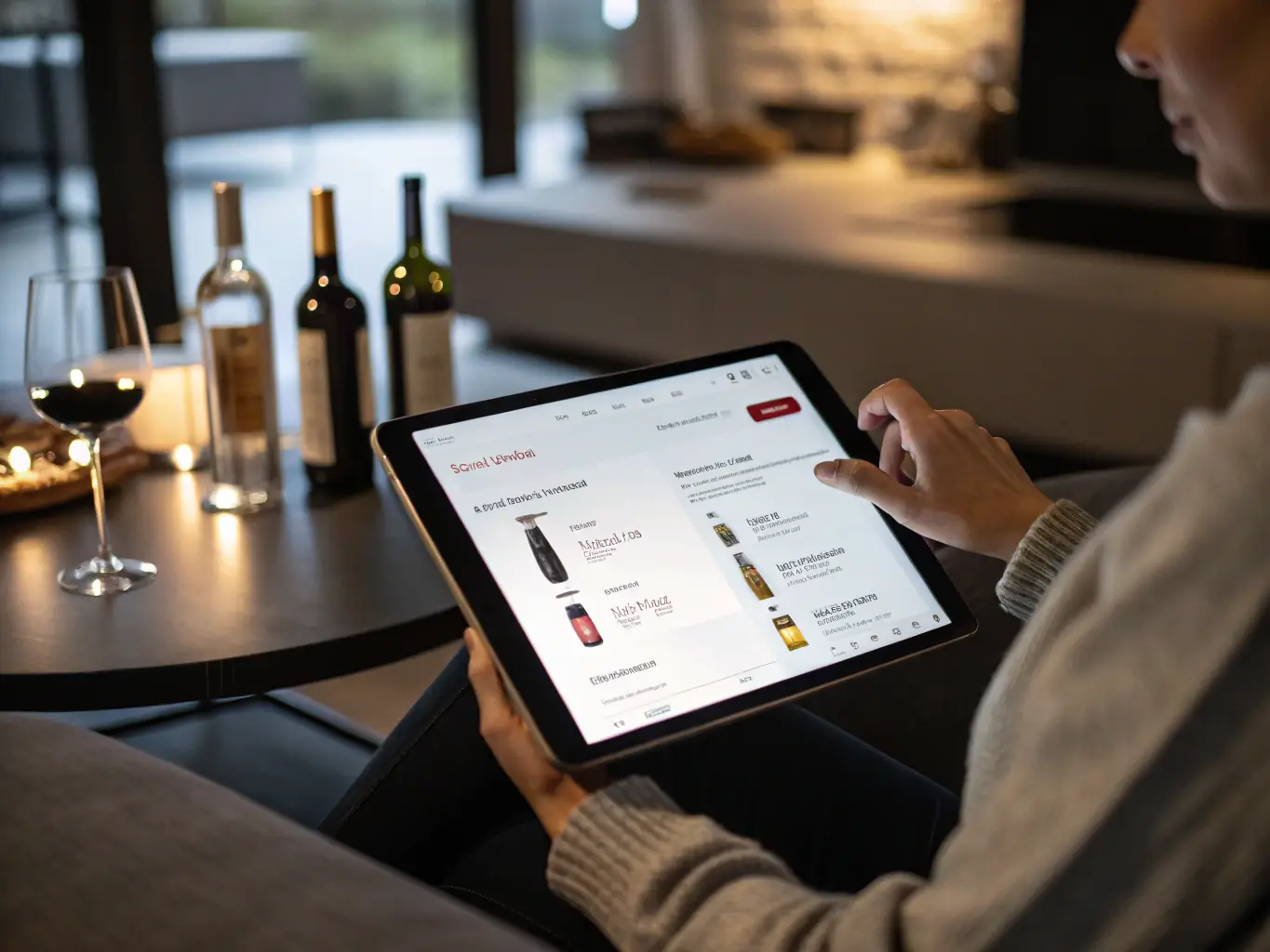 A close-up shot of a hand holding a tablet displaying a beautifully designed wine guide, representing the curated content available to Catar Culture members.