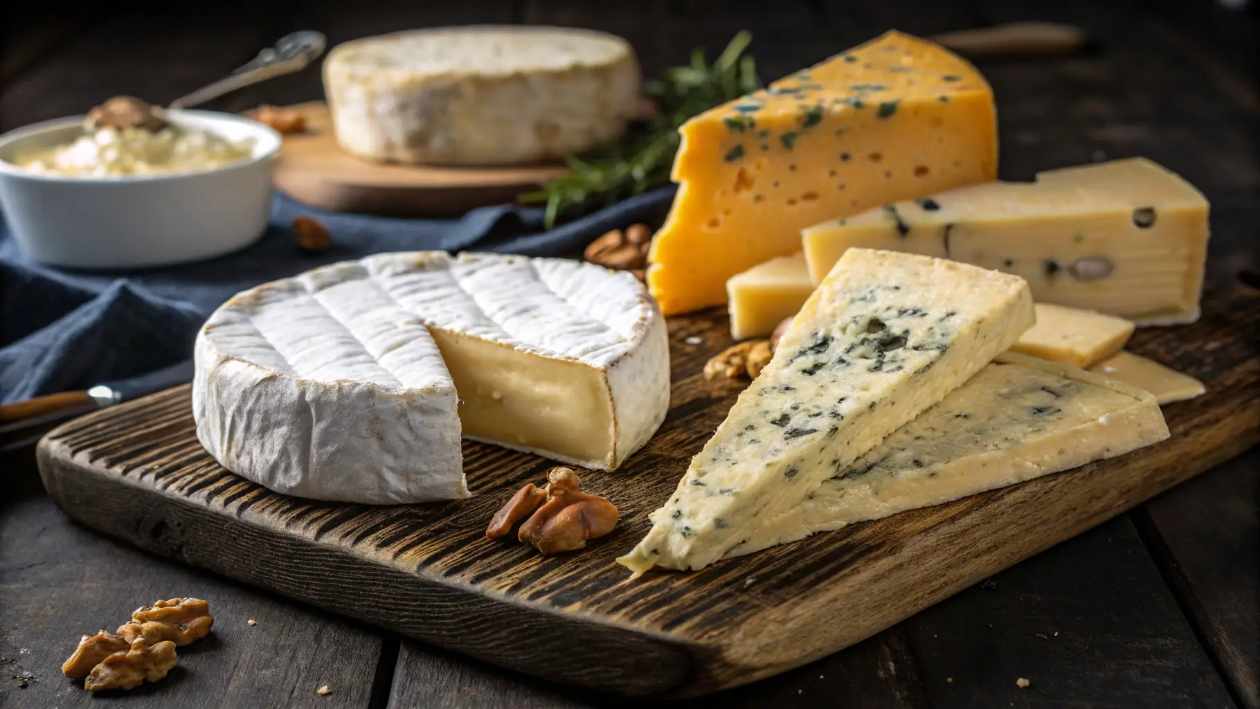 A close-up shot of various cheese types paired with different wines on a wooden board.