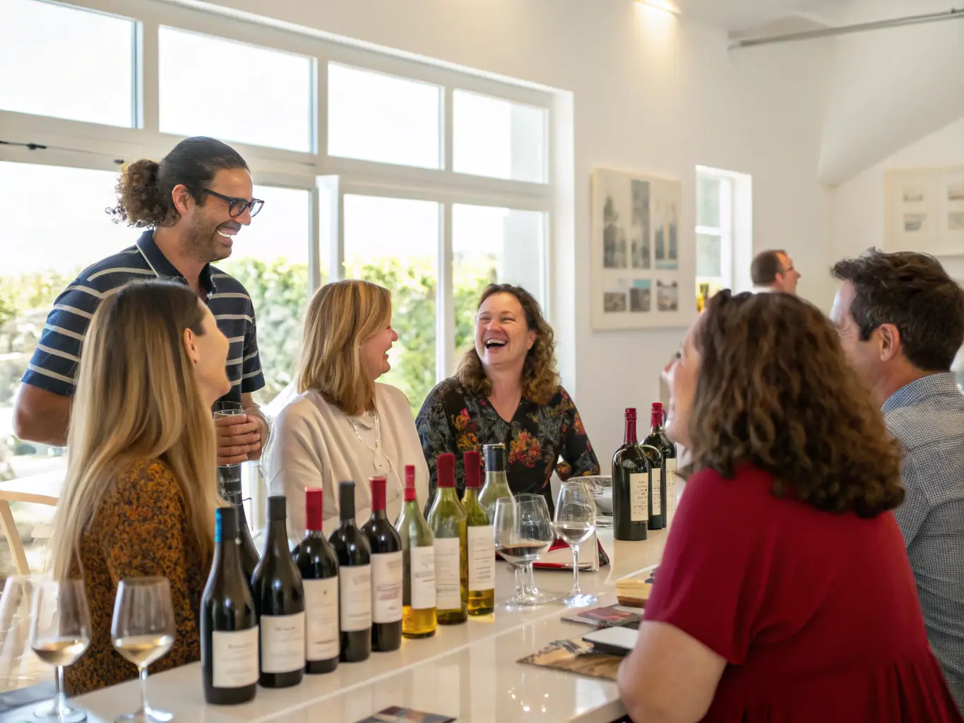 A group of Catar Culture members laughing and enjoying themselves at a private wine tasting event, showcasing the early access to events perk.