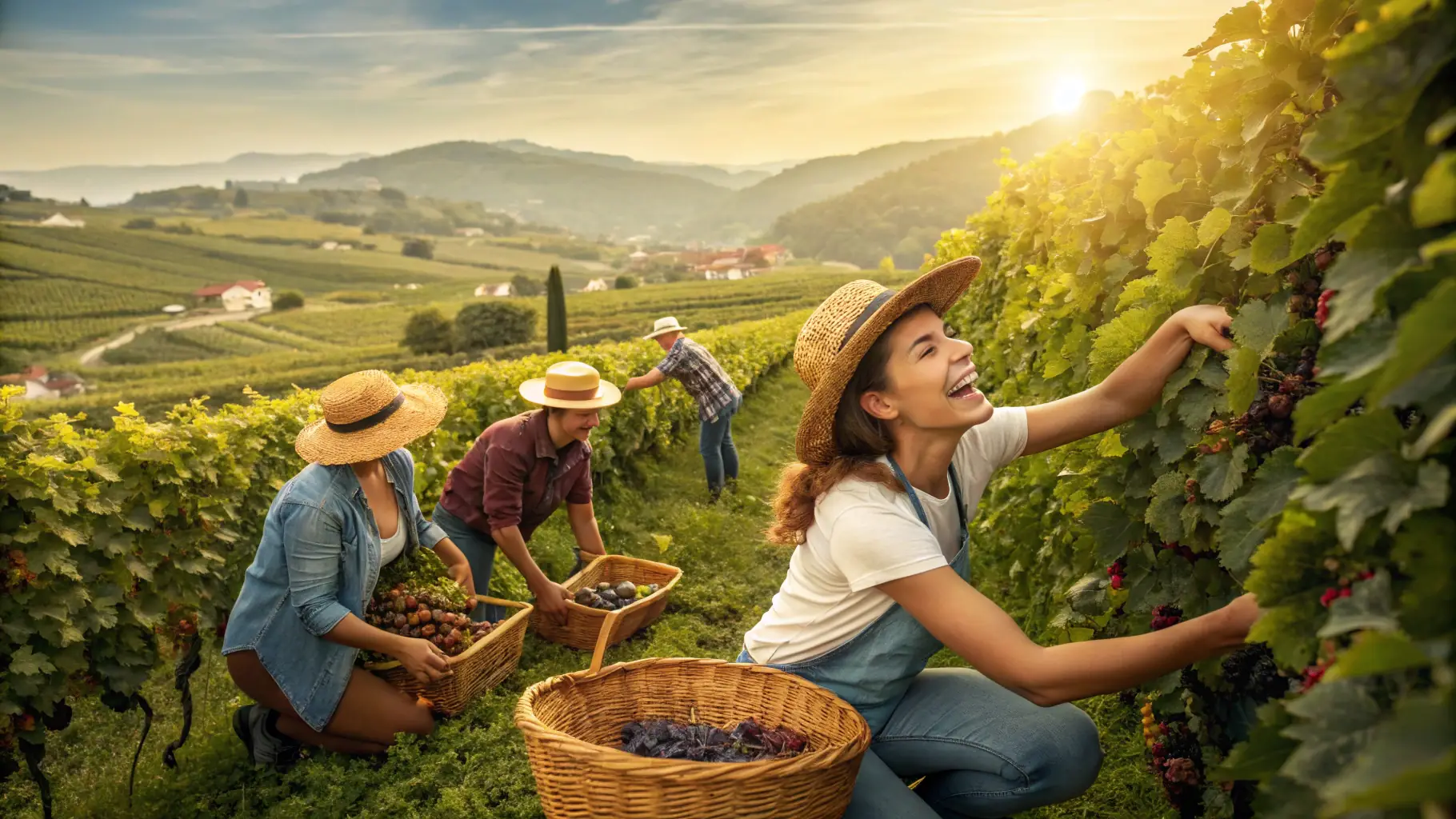 A panoramic view of a vineyard during harvest season, with workers carefully picking grapes.